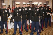 A formation of Marines stand ready to begin the Marine Corps Forces Central Command 237th Birthday Ball Ceremony held in the Middle East Nov 9. 