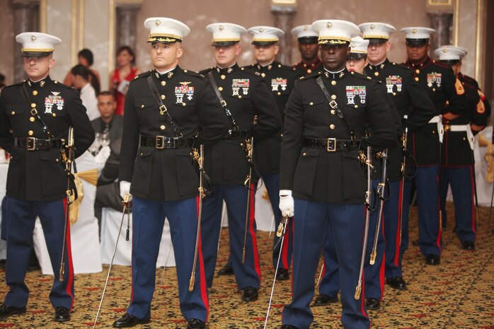 A formation of Marines stand ready to begin the Marine Corps Forces Central Command 237th Birthday Ball Ceremony held in the Middle East Nov 9. 