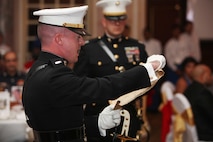 Marine Corps Forces Central Command's 1stLt. Nicholas Butner conducts the traditional reading of LtGen. John A. Lejeune's birthday message during the 237th Birthday Celebration. 