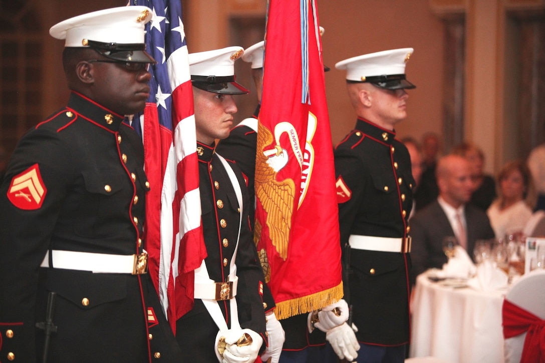 The Marine Color Guard stands at parade rest during the Marine Corps Forces Central Command 237th Marine Corps Birthday Ball
Celebration in the Middle East, Nov 9. 