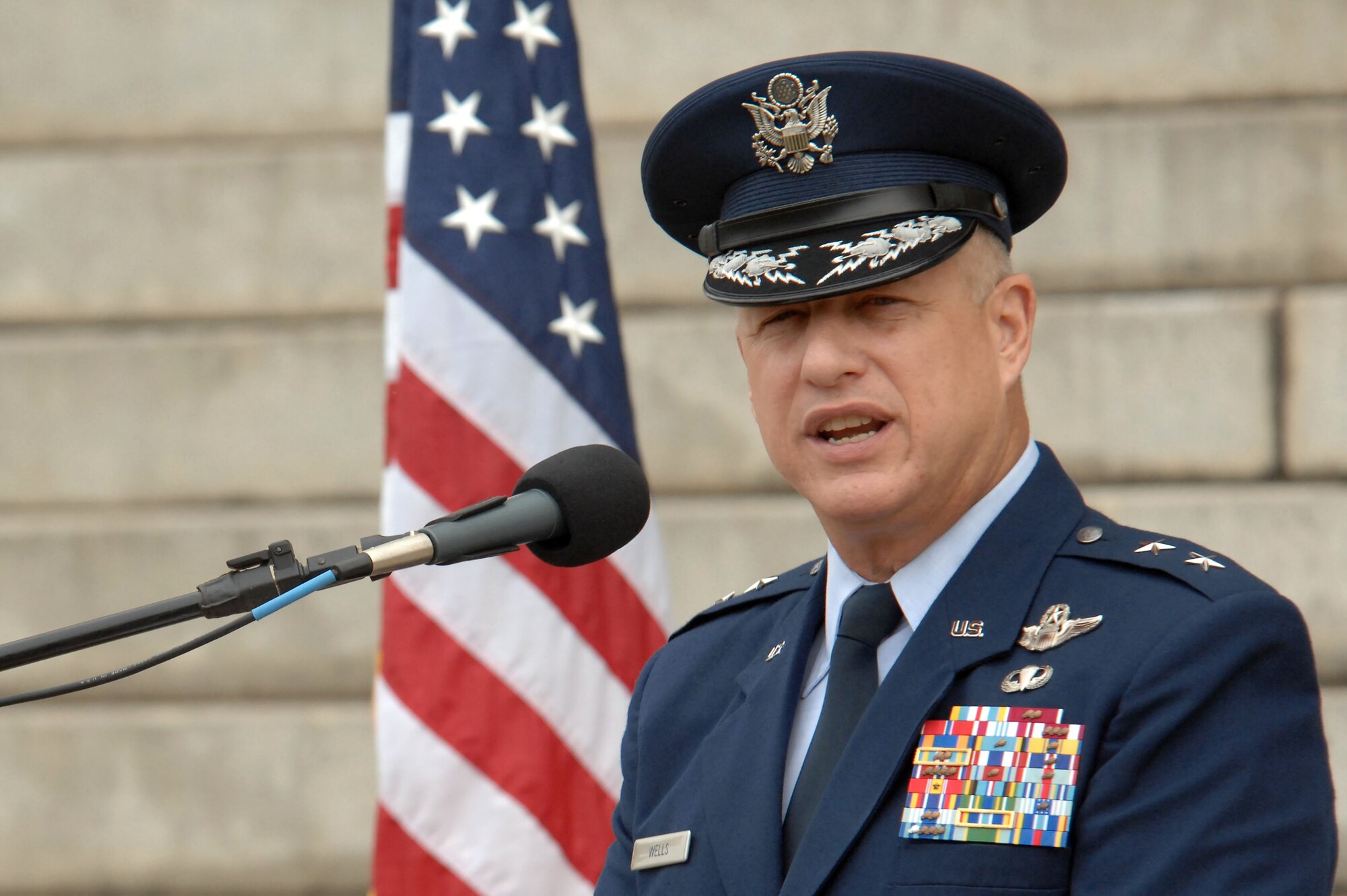 U.S. Air Force Maj. Gen. Lawrence Wells, 9th Air Force commander, delivers a speech at the Sumter Veterans Day ceremony, held on the front lawn of the Sumter County Court House, Sumter, S.C., Nov. 12, 2012.  (U.S. Air Force photo by Staff Sgt. Ave I. Young/Released)