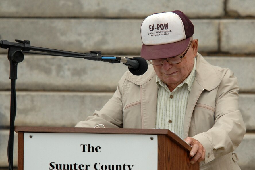 Former World War II prisoner of war, retired Senior Master Sgt. Kenneth Duffy, sheds a few tears, as he remembers the sacrifice and dedication of fellow veterans, past and present at the Sumter Veterans Day Celebration, Sumter, S.C., Nov. 12, 2012.  (U.S. Air Force photo by Staff Sgt. Ave I. Young/Released)