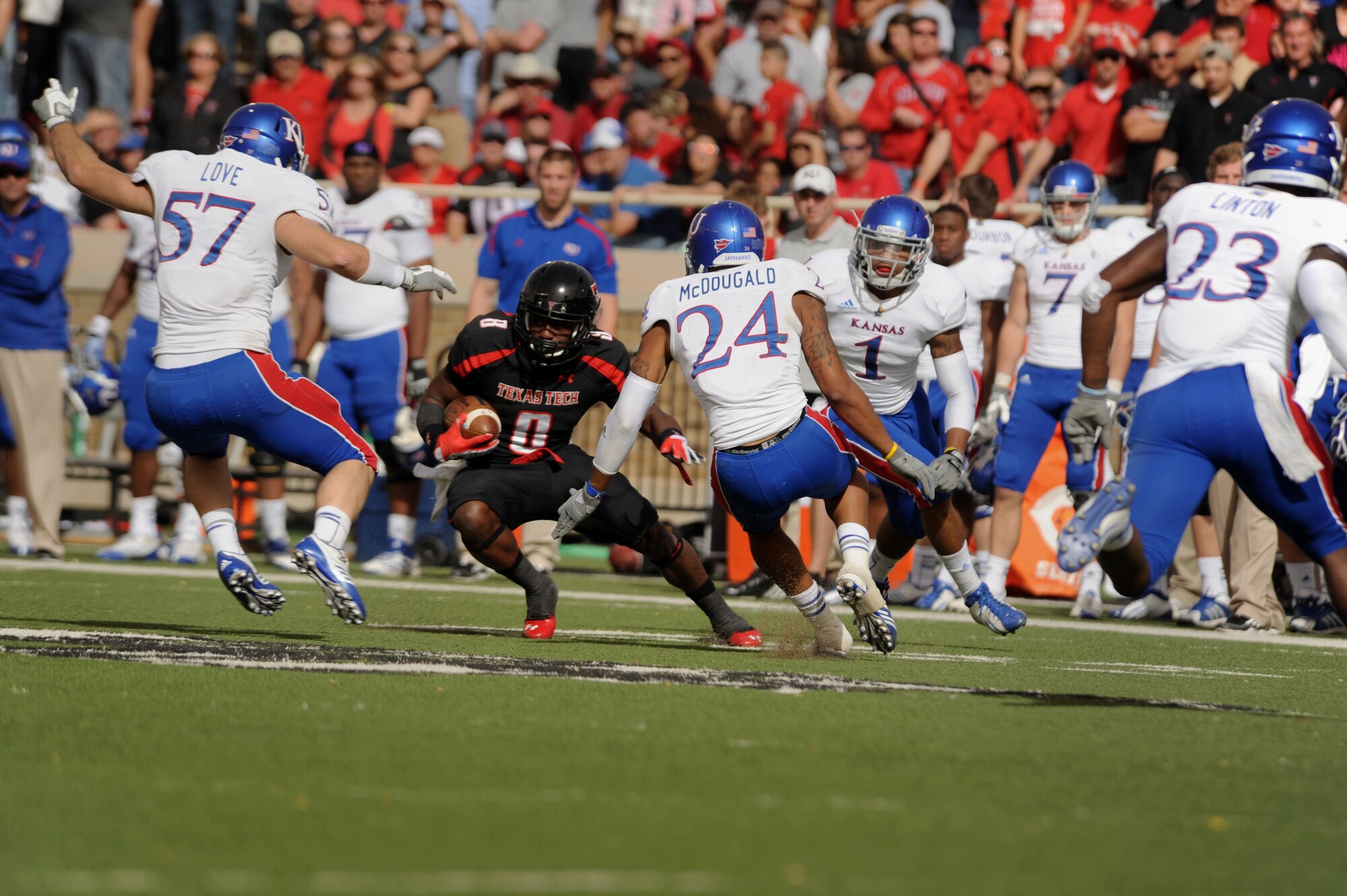 The Texas Tech Red Raiders take on the University of Kansas Jayhawks at the Texas Tech University stadium in Lubbock, Texas, Nov. 10, 2012. All branches of service were invited to attend a free football game for Military Appreciation Day. (U.S. Air Force photo/Senior Airman Jette Carr)