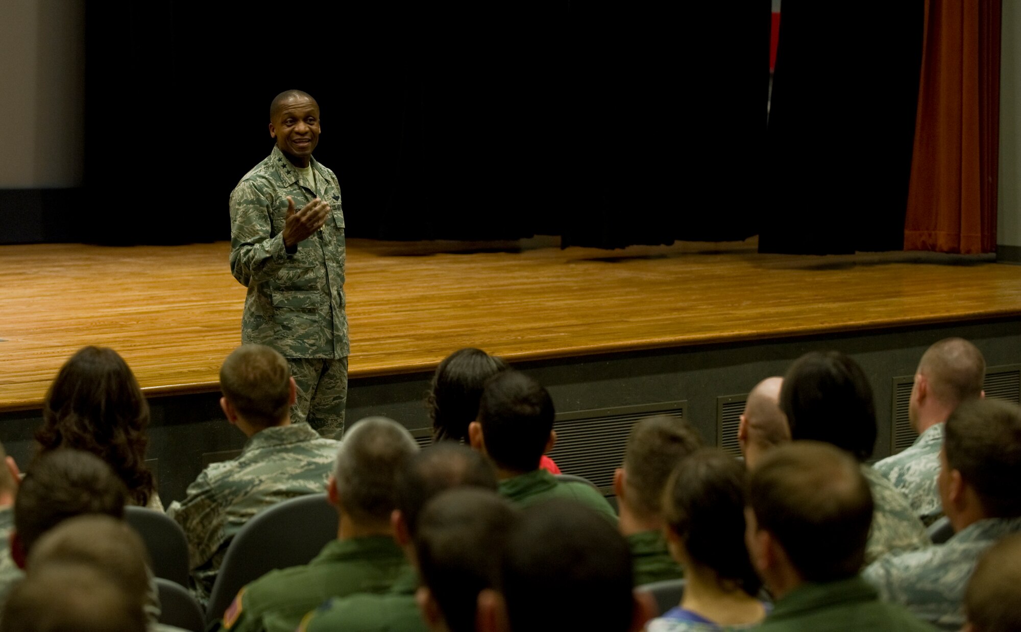 Lt. Gen. Darren McDew, 18th Air Force commander, speaks during an all call Nov. 7, 2012, at Dyess Air Force Base, Texas. During his visit, McDew expressed his gratitude to the 317th AG Airmen for their contributions and direct impact to the mission. (U.S. Air Force photo by Airman 1st Class Jonathan Stefanko/ Released)