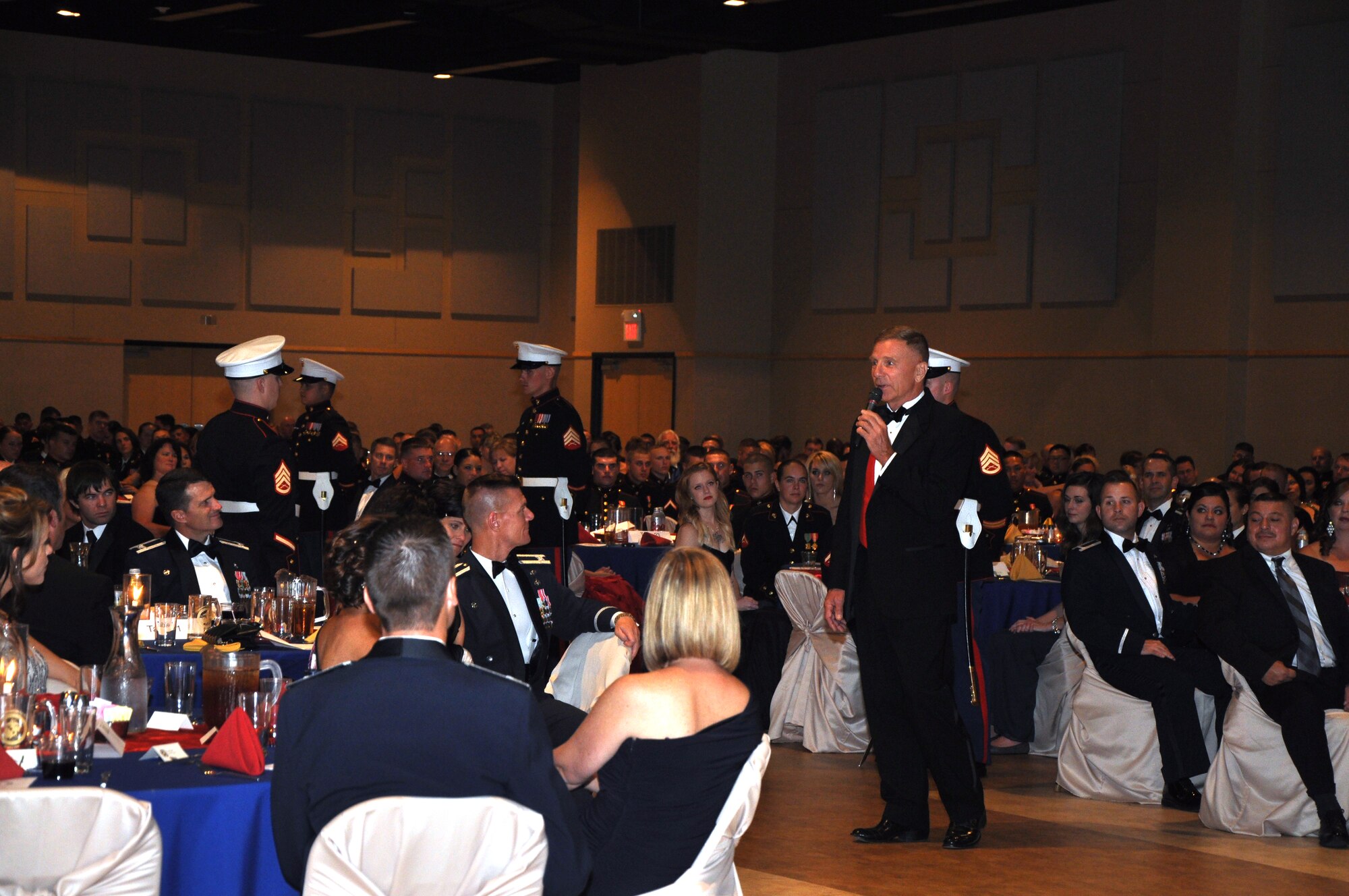 SAN ANGELO, Texas – Retired Gen. Michael Hagee, 33rd Commandant of the Marine Corps, spoke as the guest speaker at the Marine Corps Ball Nov. 9. In his speech he talked about the camaraderie the Marine Corps has. (U.S. Air Force photo/ Airman 1st Class Joshua Edwards)