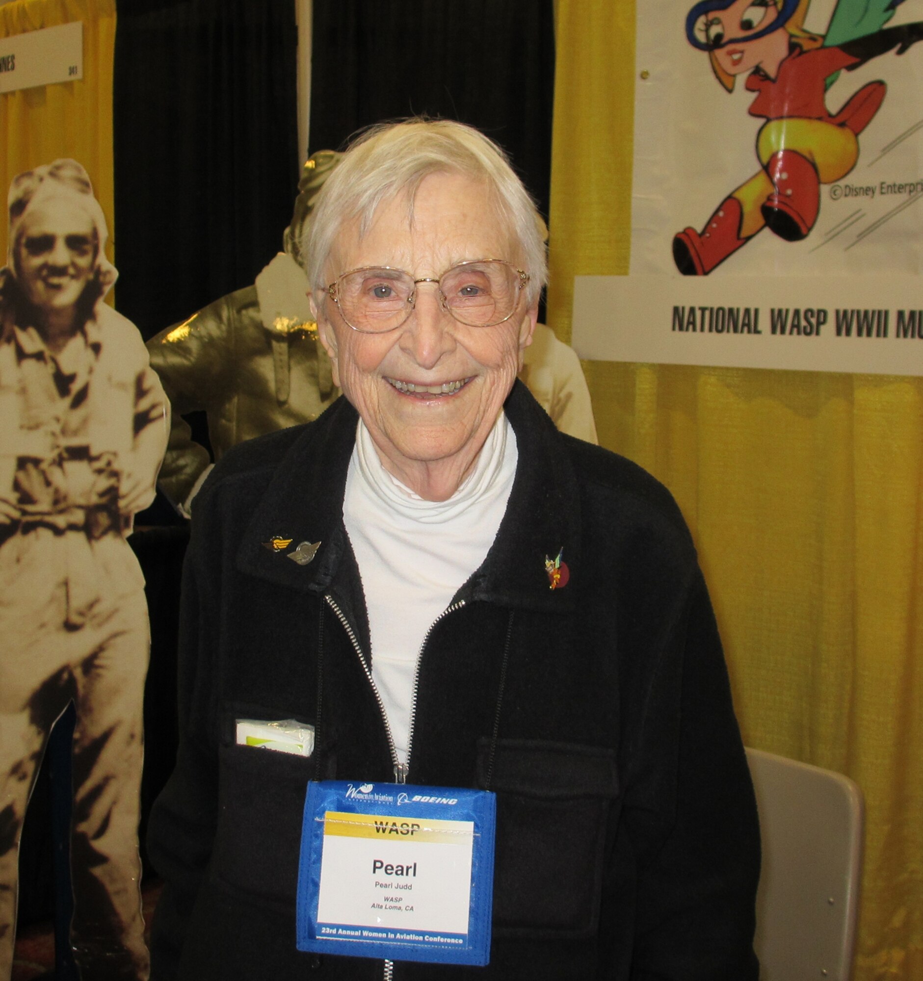 Pearl Judd, a Women Airforce Service Pilot, attends the vendor fair of the International Women in Aviation conference March 8-10, 2012 in Dallas.  The conference included a WASP presentation and a chance to interact with the Word War II era women pilots. (courtesy photo)
