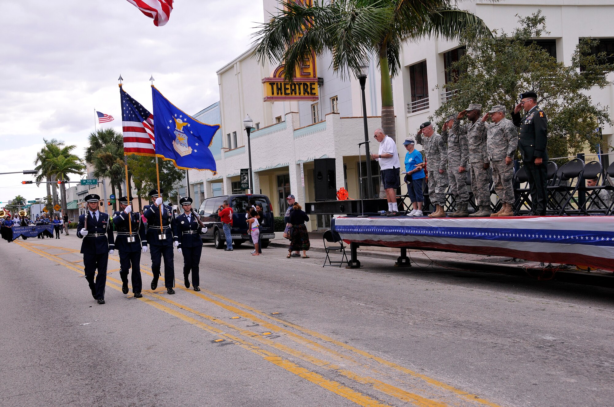 Members of the 482nd Fighter Wing honor guard from nearby Homestead Air Reserve Base pass in review during the annual Veterans Day Parade in historic downtown Homestead, Fla., on Nov 10. Army Brig. Gen. Sean Mulholland, Special Operations Command South commander and Col. Donald Lindberg, 482nd Fighter Wing commander served as this years co-grand marshals. (U.S. Air Force photo/Tim Norton)
