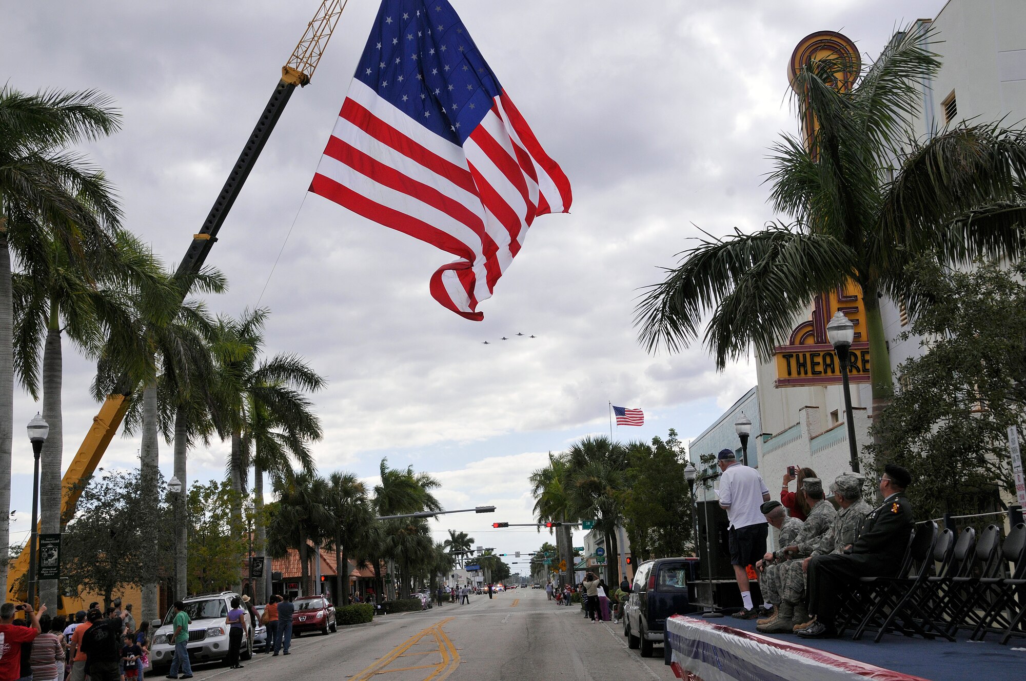 Four Air Force Reserve F-16’s assigned to the 93rd Fighter Squardon at nearby Homestead Air Reserve Base, Fla., kicked off the annual Homestead Veterans Day Parade with a beautiful flyover down Krome Avenue on Nov. 10.

Homestead Veterans of Foreign Wars post 4127 sponsored the annual Veterans Day Parade in historic downtown Homestead. This year Army Brig. Gen. Sean Mulholland, Special Operations Command South commander and Col. Donald Lindberg, 482nd Fighter Wing commander served as co-grand marshals for the event. (U.S. Air Force photo/Tim Norton)