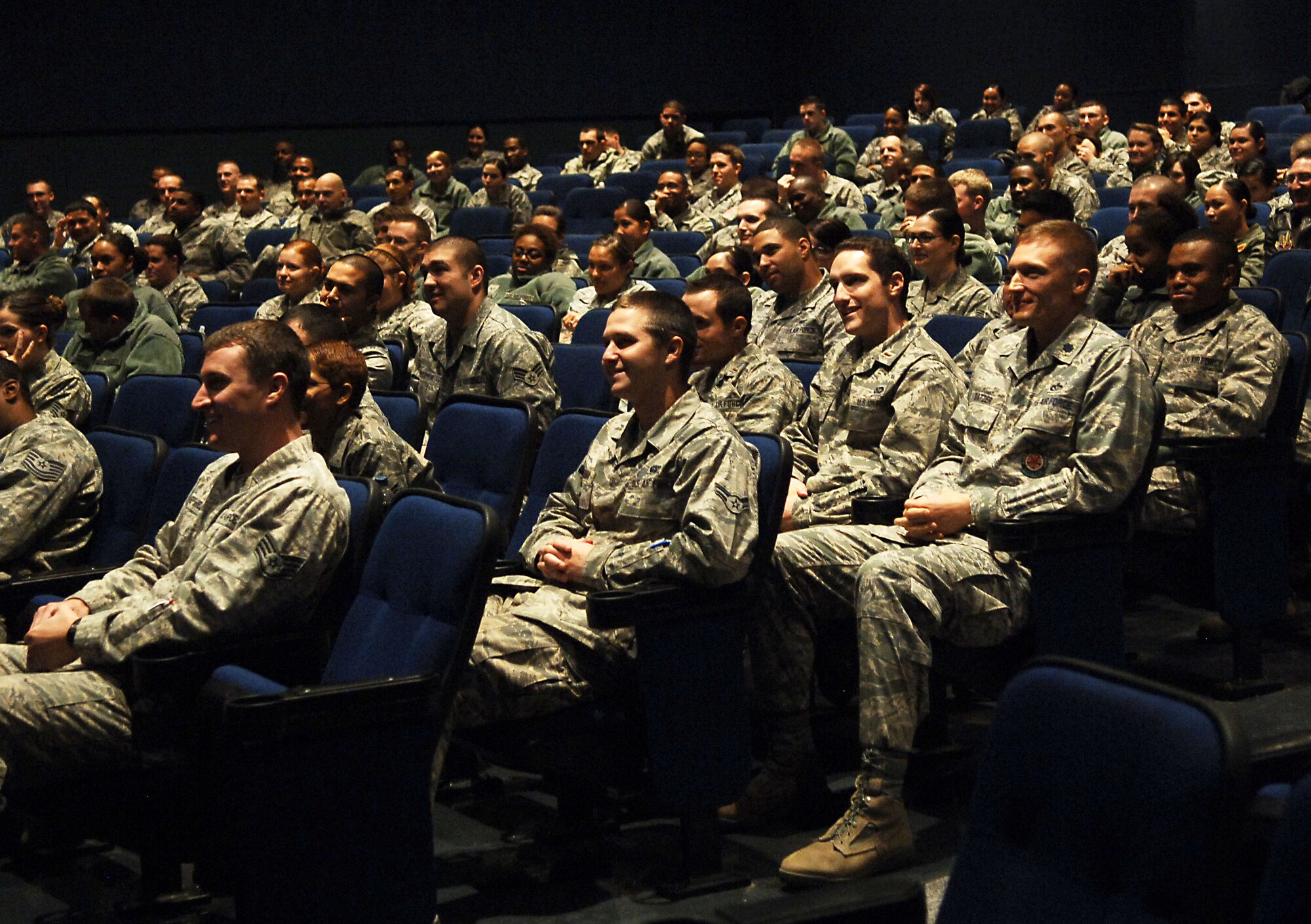 Langley Airmen laugh during the Street Smart presentation at the Langley Air Force Base, Va. theatre, Nov. 8, 2012.  The Street Smart program uses humor during some scenarios in their interactive, performance-based driving safety presentation. (U.S. Air Force photo by Staff Sgt. Katie G. Ward/Released)