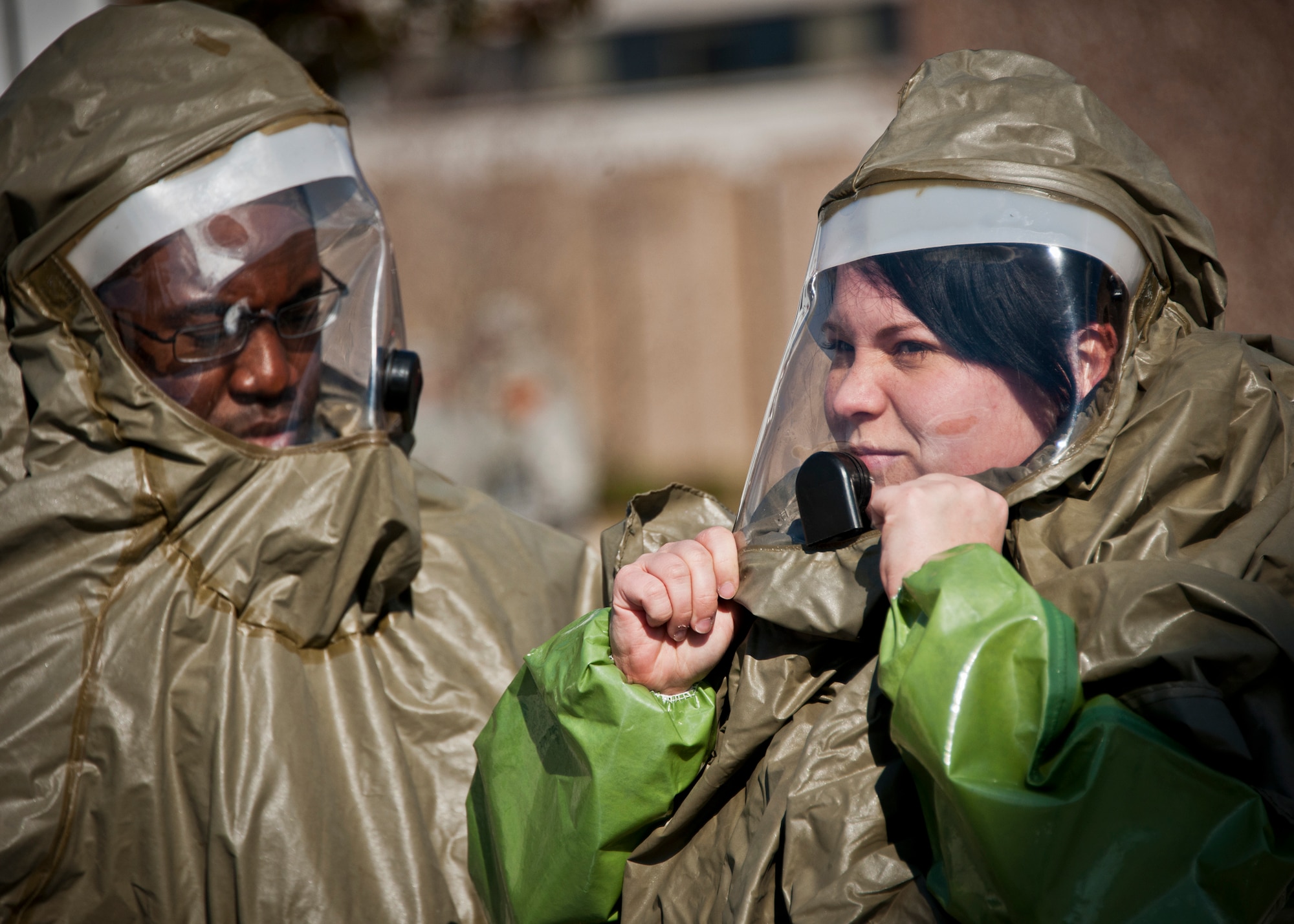 Members of the 96th Medical Group’s decontamination team gear up to begin sanitizing the victims of a bomb blast during the group’s radiological response exercise Nov. 7 at Eglin Air Force Base, Fla.  The goal of the exercise was to evaluate the base’s response to a terrorist bombing and the group’s reaction to a chemical, biological, radiological, nuclear and explosive (CBRNE) incident.  (U.S. Air Force photo/Samuel King Jr.)