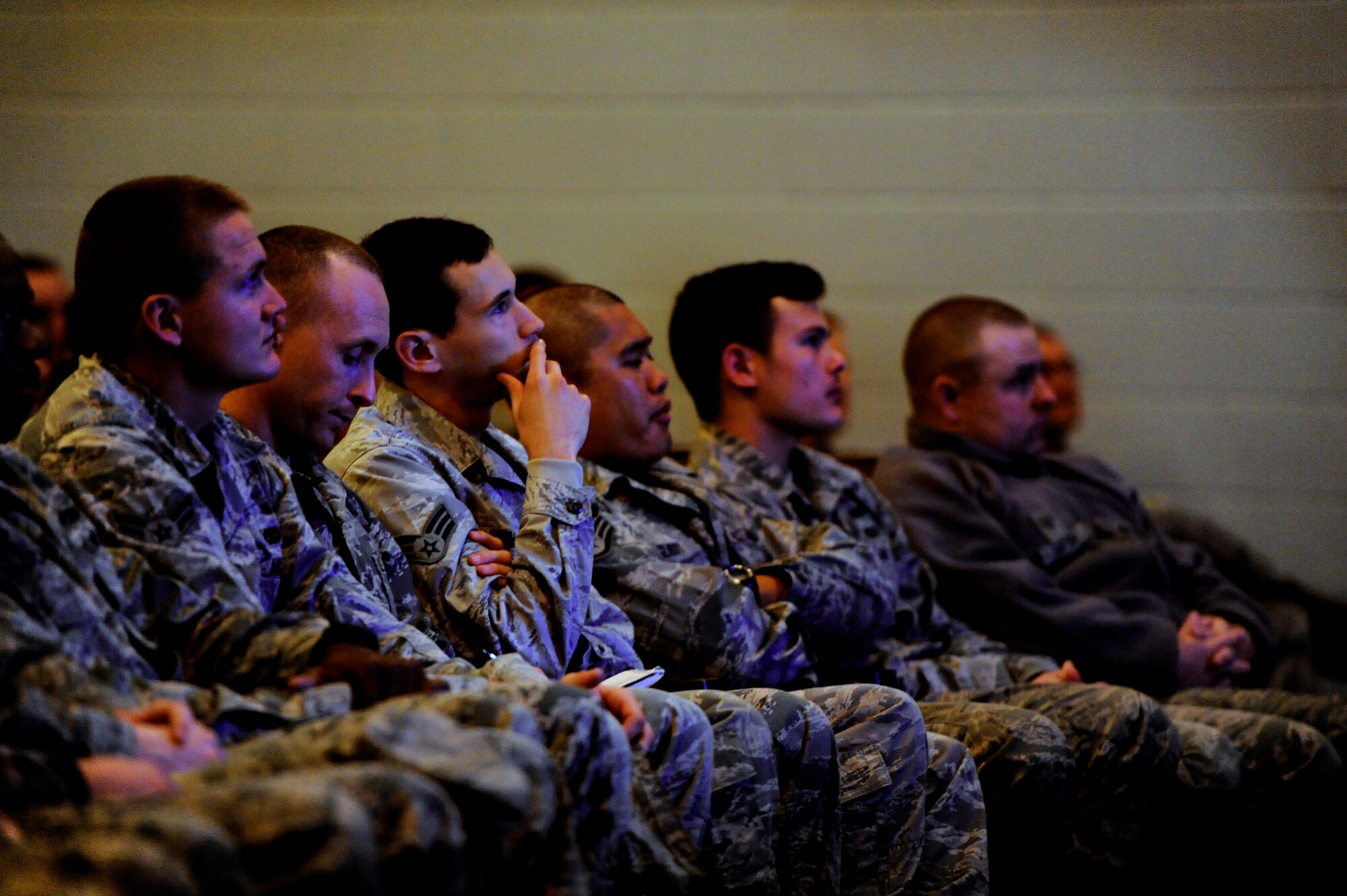 U.S. Air Force Airmen and NCO’s assigned to the 20th Fighter Wing listen as Chief Master Sgt. James Wilkerson, 20th FW command chief, speaks during an enlisted all call, Nov. 9, 2012, Shaw Air Force Base, S.C. Wilkerson conducted two separate all calls during the day to optimize attendance as he conveyed the senior enlisted perspective of the 20th FW Commander’s message and intent. Wilkerson kept Airmen engaged as he shared a few stories and directly answered questions from those in attendance. (U.S. Air Force photo by Staff Sgt. Kenny Holston/Released) 