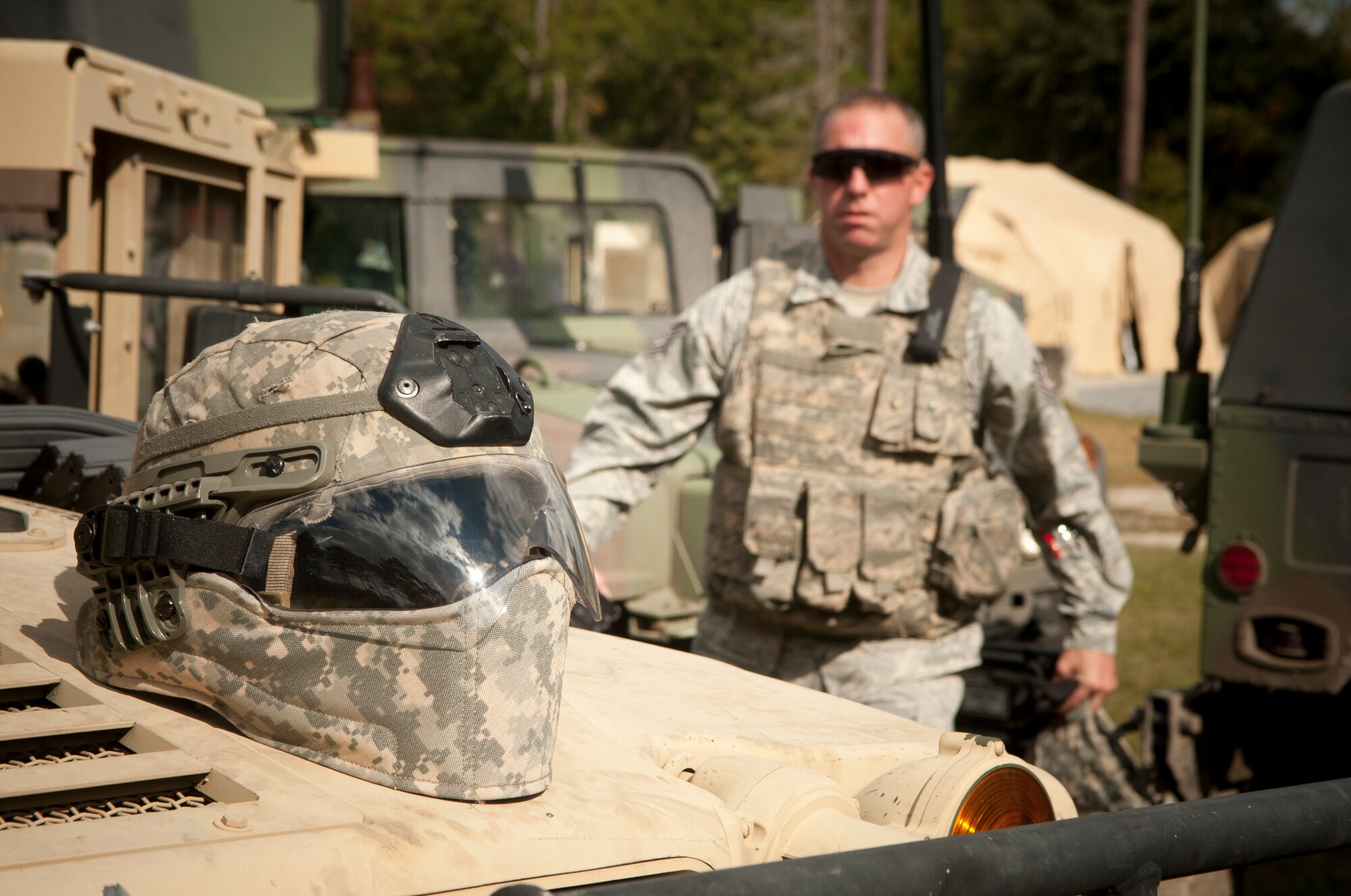 U.S. Air Force Tech. Sgt. Melvin Hunt, 823d Base Defense Squadron Charlie flight fireteam leader, prepares his flight to move out during a field training exercise at Moody Air Force Base, Ga., Nov. 7, 2012. Hunt was in charge of a 13-man flight tasked with leading, briefing and directing each member during the exercise. (U.S. Air Force photo by Airman 1st Class Paul Francis/Released)

