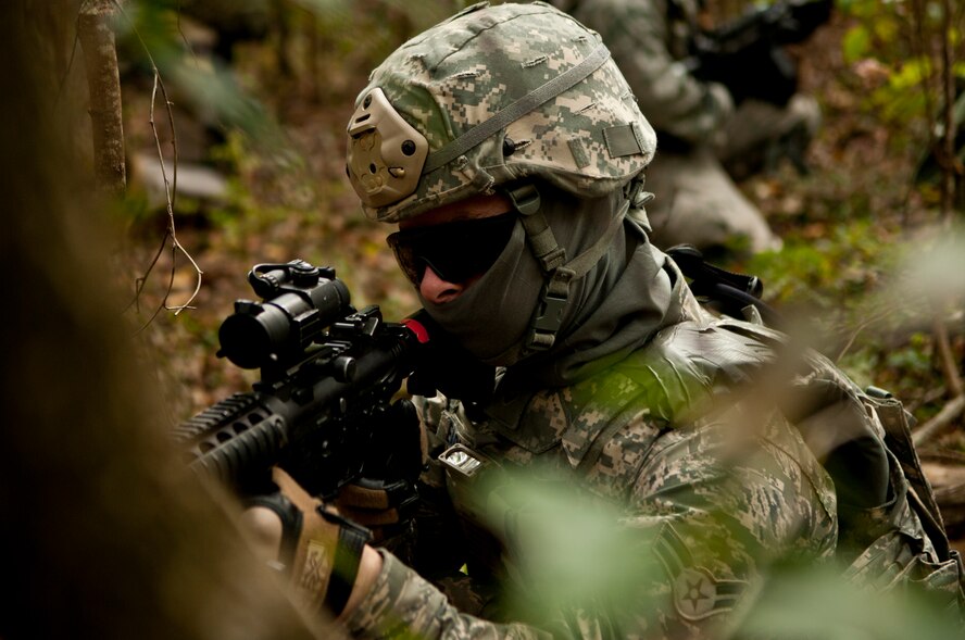 U.S. Air Force Airman 1st Class Eric Eagleton, 823d Base Defense Squadron Charlie flight, participates in a field training exercise at Moody Air Force Base, Ga., Nov. 8, 2012. The 823d BDS broke into four flights with each taking part in different scenarios over the course of three days. (U.S. Air Force photo by Airman 1st Class Paul Francis/Released)
