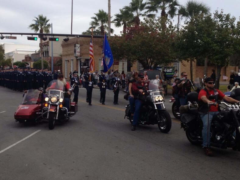 Of the many organizations represented during the Veterans Day parade, members from the Panama City Patriot Guard led the way for Tyndall Honor Guard members and Airmen Leadership School class 13-1 students and instructors, downtown Panama City, Nov. 12. (U.S. Air Force photo by Senior Airman Christopher Reel)