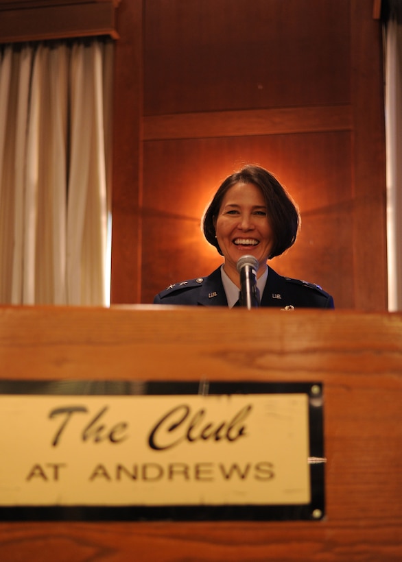 Maj. Gen. Sharon Dunbar, Air Force District of Washington commander, speaks during Retiree Appreciation Day at The Club at Andrews, Oct. 27, 2012. Appreciation day included a health fair, identification card renewal, vehicle registration and remarks from guest speaker Retired Gen. Norton Schwartz, former Air Force Chief of Staff. (U.S. Air Force photo/Airman 1st Class Aaron Stout)