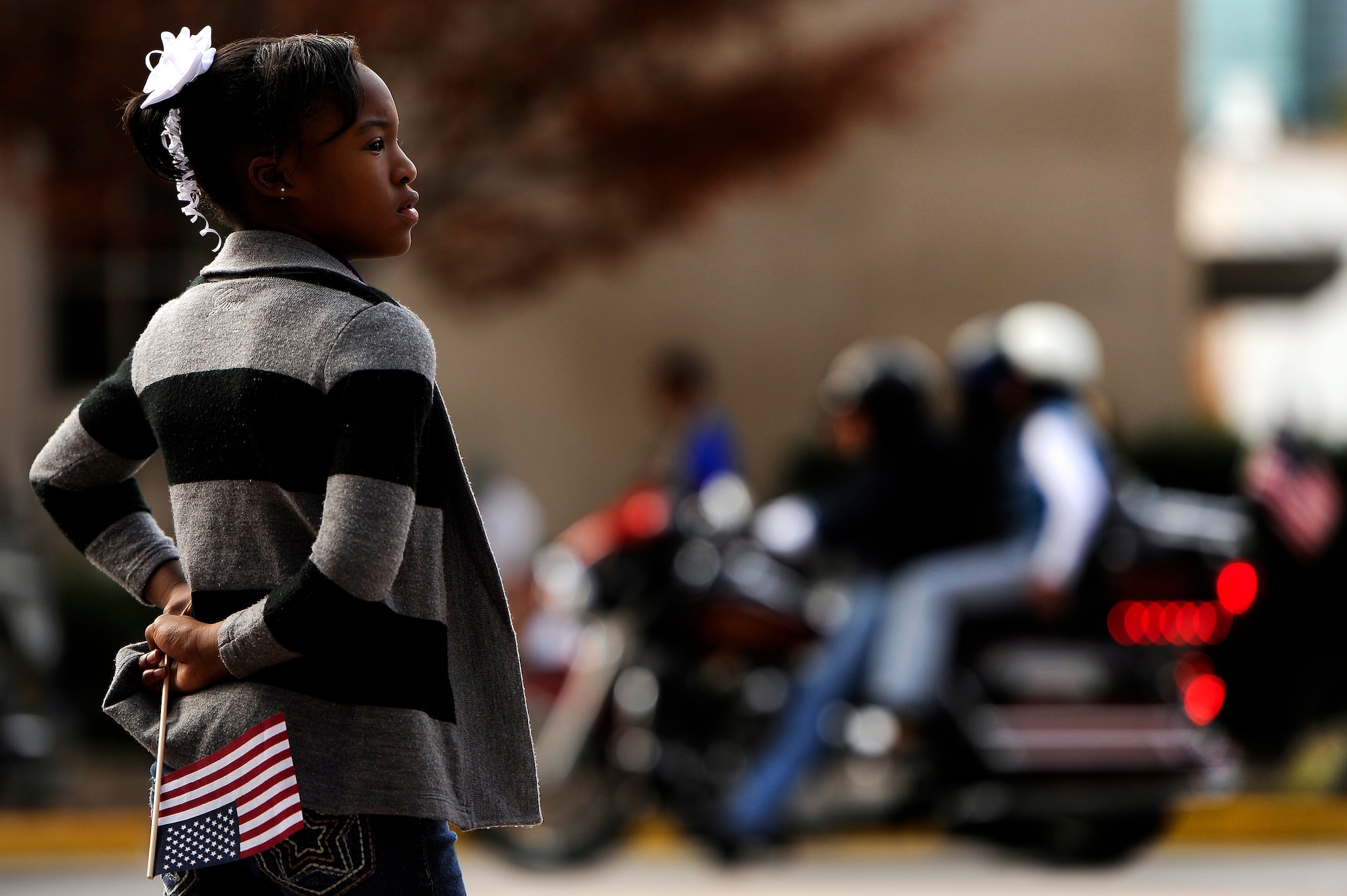 A young girl clings to her American flag while watching a parade march her way during Veterans Day, Nov. 12, 2012, Columbia, S.C. The parade, which took place on Sumter Street in the middle of downtown, saw hundreds of civilians, veterans, and active-duty military personnel, to include Airmen from Shaw Air Force Base, in attendance. The event was Columbia’s 34th annual Veterans Day Parade. (U.S. Air Force photo by Staff Sgt. Kenny Holston/Released) 