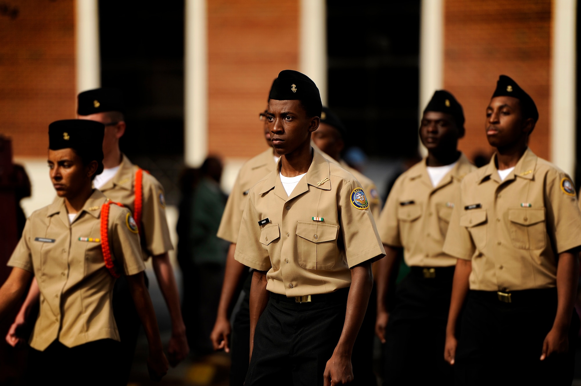 U.S. Navy Junior ROTC cadet Knight, marches with a purpose as his unit proceeds down Sumter Street in formation as part of a Veterans Day Parade, Nov. 12, 2012, Columbia, S.C. In addition to numerous high school Junior ROTC units, there were more than 70 different groups that were a part of the 34th annual parade ranging from motorcycle clubs to local American Legion posts. (U.S. Air Force photo by Staff Sgt. Kenny Holston/Released) 