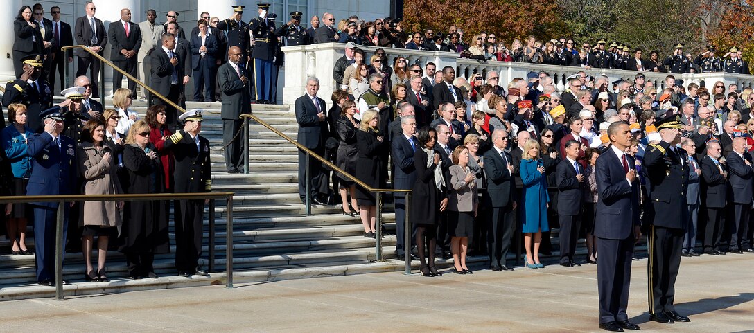Air Force Chief of Staff Gen. Mark A. Welsh III and his wife, Betty, attend a wreath-laying ceremony by President Barack Obama at the Tomb of the Unknowns in Arlington National Cemetery in observance of Veterans Day, Nov. 11, 2012.  (U.S. Air Force photo/Scott M. Ash)