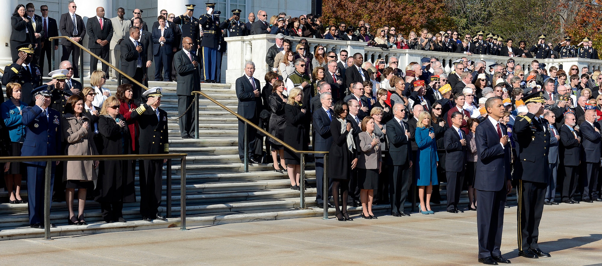 Air Force Chief of Staff Gen. Mark A. Welsh III and his wife, Betty, attend a wreath-laying ceremony by President Barack Obama at the Tomb of the Unknowns in Arlington National Cemetery in observance of Veterans Day, Nov. 11, 2012.  (U.S. Air Force photo/Scott M. Ash)