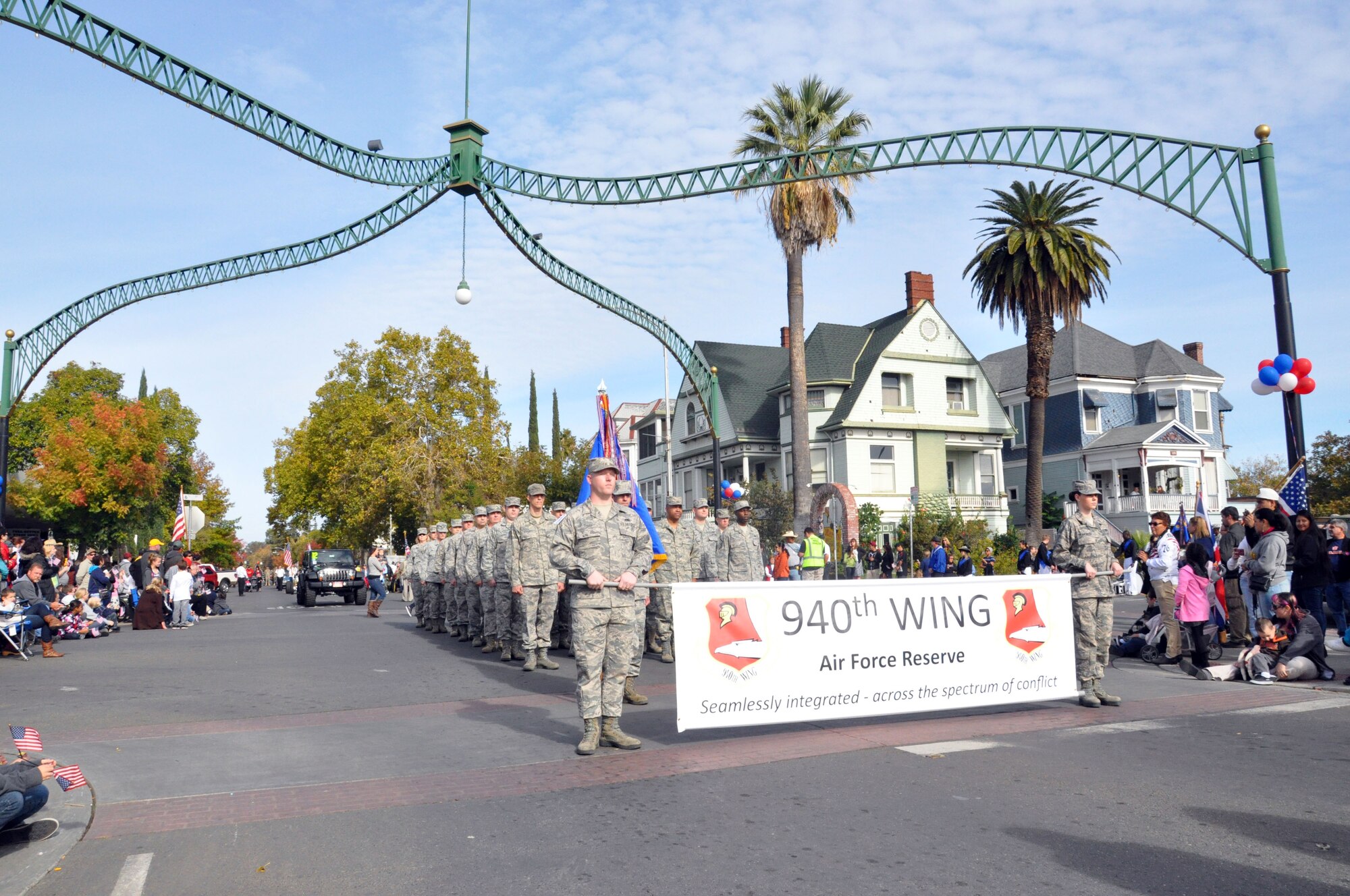 Members of the 940th Wing participated in the 10th annual Yuba-Sutter Veterans Day Parade, Nov. 11. The parade drew a record number of entries this year including current and retired military members. (U.S. Air Force Photo/Capt. Joe Simms)