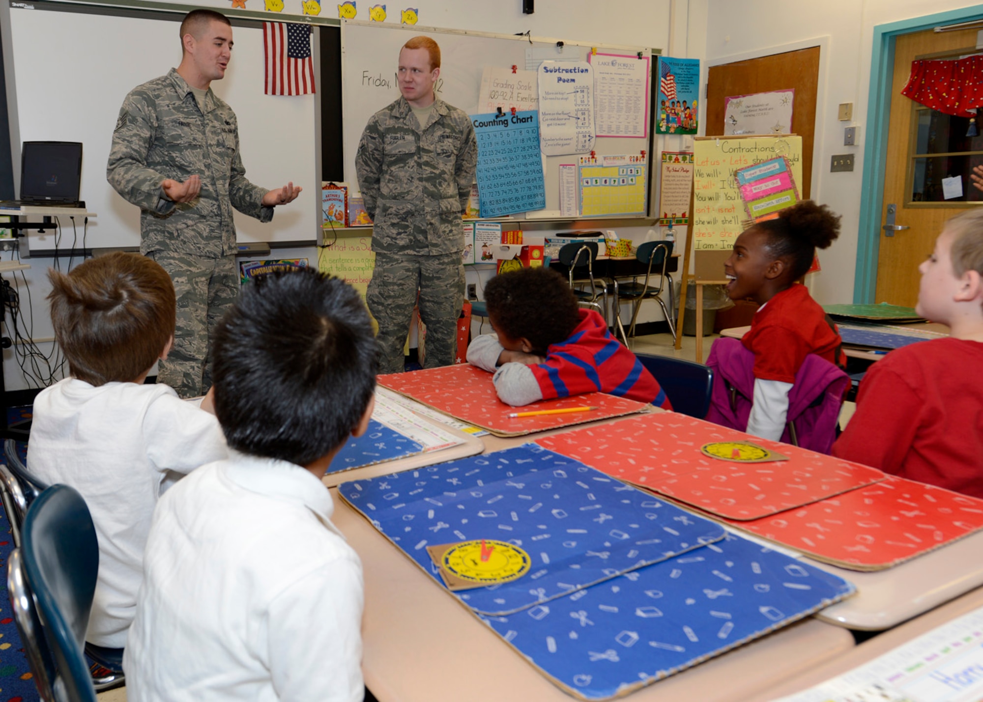 Staff Sgt. Thomas Faivre, 436th Security Forces Squadron, answers a question while Airman 1st Class Benjamin Fugler, 436th Maintenance Squadron looks on Nov. 9, 2012, at Lake Forest North Elementary School in Felton, Del. Team Dover members spoke to students about their jobs and the military as part of a Veteran’s Day celebration hosted by the school. (U.S. Air Force photo by Tech. Sgt. Chuck Walker)