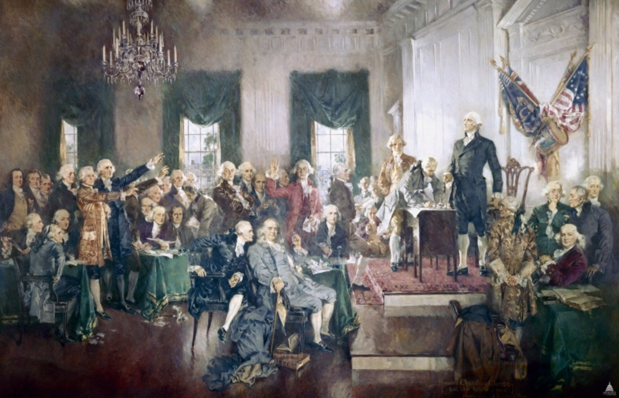 Howard Chandler Christy’s painting of the signing of the United States Constitution was commissioned in 1939 as part of the congressional observance of the Constitution’s sesquicentennial. Completed in 1940, the 20-by-30-foot framed oil-on-canvas scene is among the best known images in the United States Capitol. It is on display in the east grand stairway of the House wing. (Photo courtesy of Architect of the Capitol/Released)
