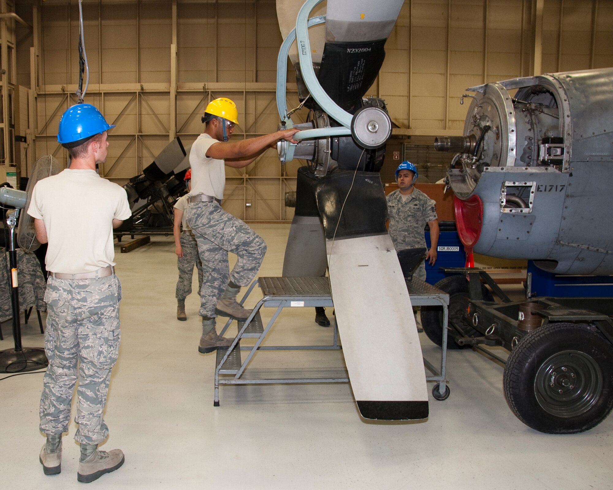 Airman from 361st Training Squadron train on turboprop mechanics Aug. 03, 2012 at Sheppard Air Force Base, Texas.  Aerospace propulsion training is broken down into four apprentice courses.  (US Air Force Photo by Frank Carter)