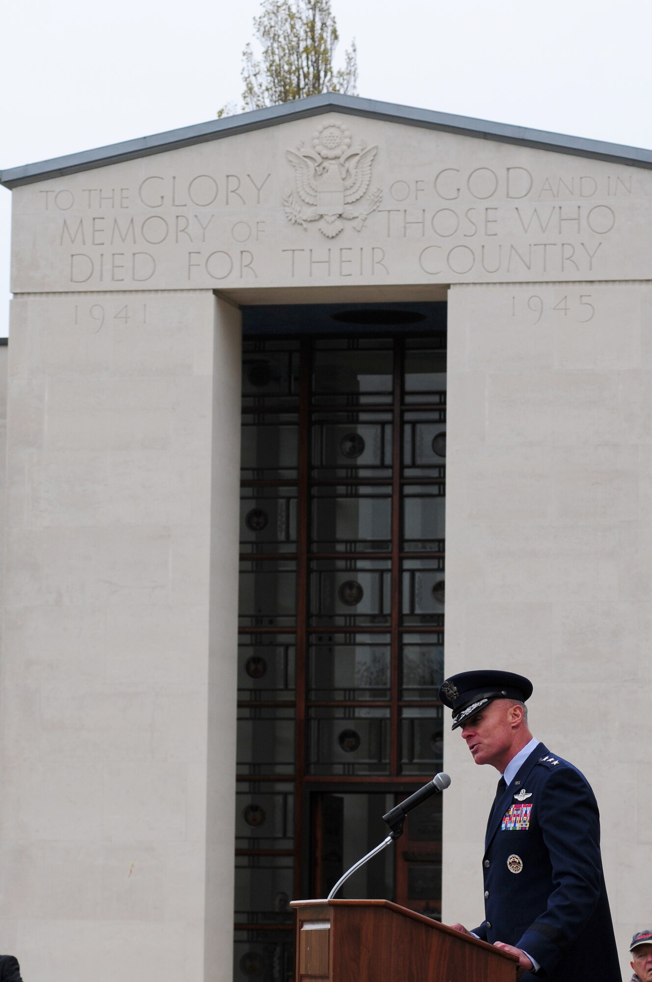 CAMBRIDGE, England – U.S. Air Force Lt. Gen. Craig A. Franklin, 3rd Air Force commander, speaks at Madingley American Cemetery during a Veterans Day memorial service Nov. 12, 2012. The annual Veterans Day ceremony was hosted by the 501st Combat Support Wing, RAF Alconbury, to honor and remember those who gave their lives in wars in Europe. (U.S. Air Force photo by Airman 1st Class Cory D. Payne)