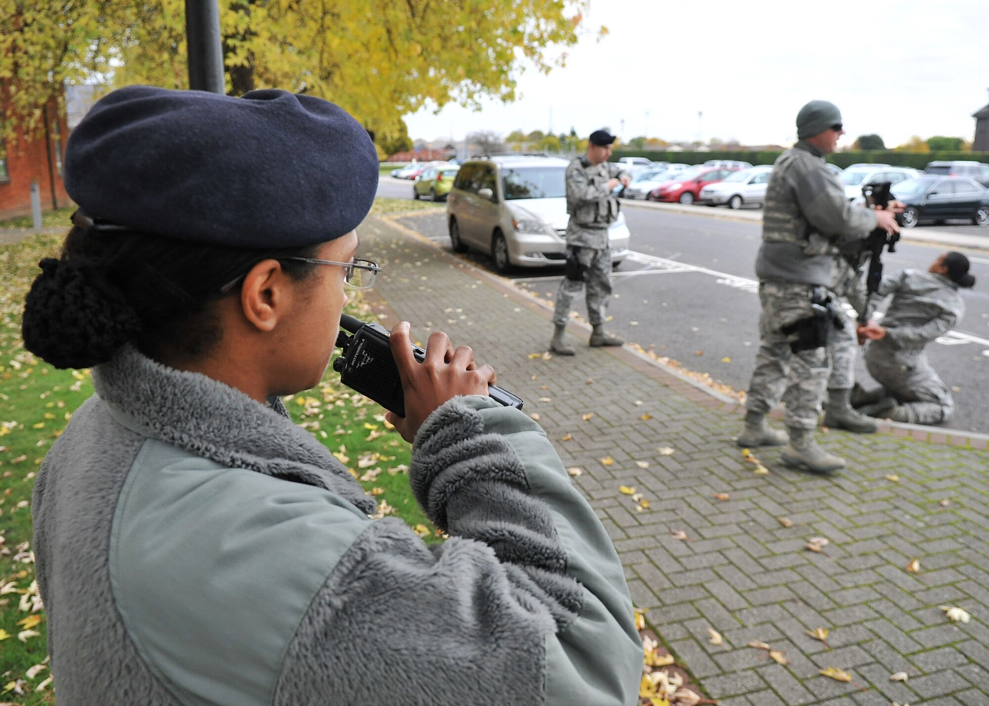 Tech. Sgt. Ashley Tyler, 100th Security Forces Squadron standardization and evaluation team member, evaluates an exercise Nov. 9, 2012, at RAF Mildenhall, England. Tyler oversaw the exercise ensuring proper execution in preparation for an upcoming inspection.(U.S. Air Force photo by Senior Airman Jerilyn Quintanilla/Released)