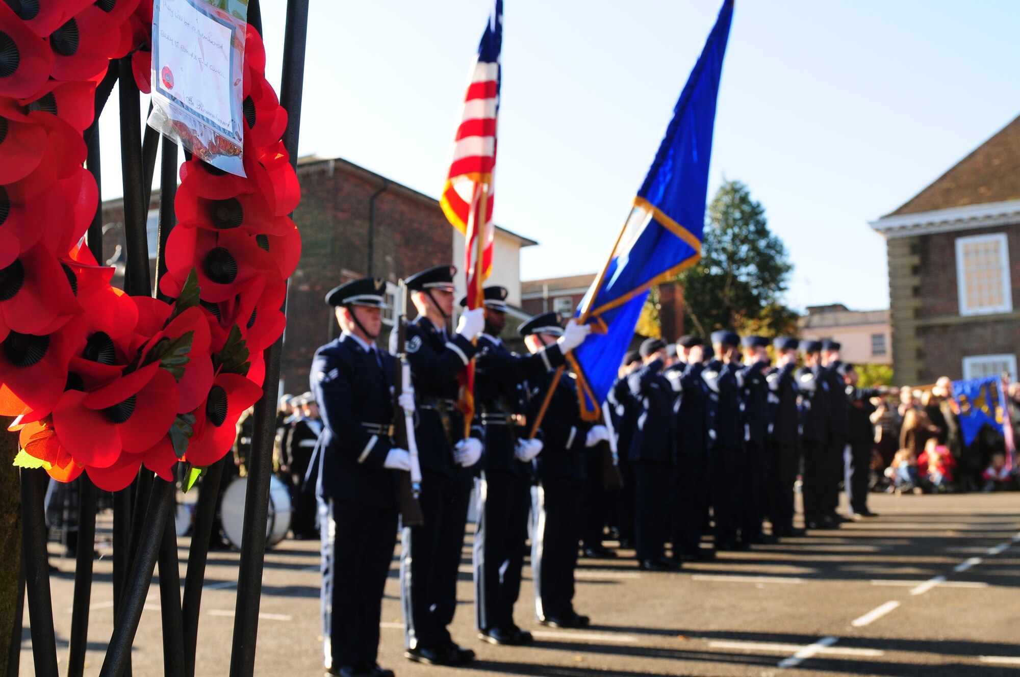 BURY ST. EDMUNDS, England -- Airmen from RAFs Lakenheath and Mildenhall render proper respects during a Remembrance Day ceremony, Nov. 11, 2012. The annual ceremony is held in honor of those who have dedicated their lives in service to their country and made the ultimate sacrifice. (U.S. Air Force photo by Senior Airman Lausanne Morgan)