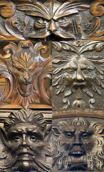 The Green Man is popular on country oak furniture. His look varies depending on the craftsman’s interpretation and skill level. These five examples are Green Men on Victorian furniture each one done by a different craftsman. (U.S. Air Force photo illustration by Capt. Jason Smith/Released)