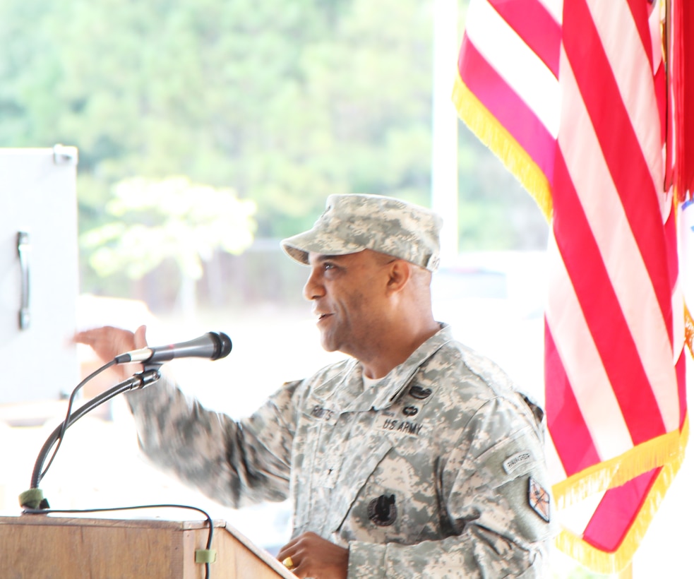 Brig. Gen. Bryan Roberts, Fort Jackson commander, speaks at the ribbon cutting for the Quad DFAC.
