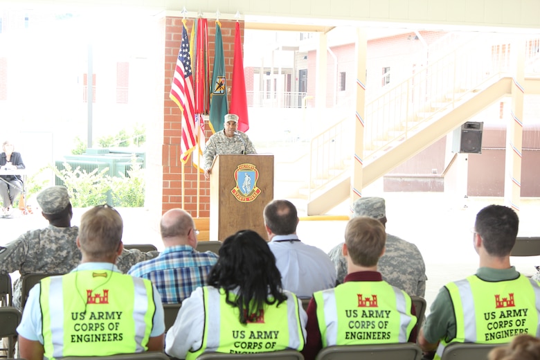 The Charleston District Fort Jackson team listens to Brig. Gen. Roberts' speech.