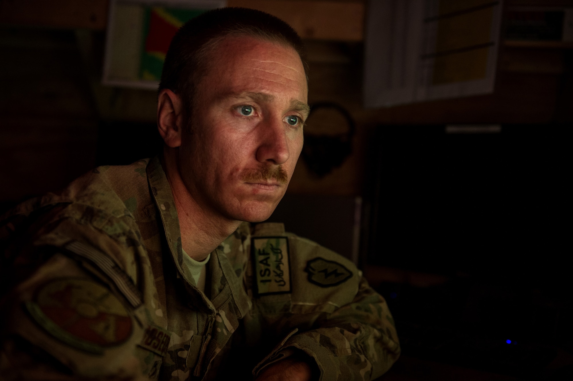 U.S. Air Force Master Sgt. James Rosebrock, 19th Expeditionary Weather Squadron, battlefield weather forecaster, monitors weather data on Oct. 9, 2012, Kandahar Airfield, Afghanistan. The 19th EWS provides Army ground commanders with accurate and real-time weather conditions and offers alternative options to help commanders make informed decisions on combat operations. Rosebrock's hometown is Hutchinson, Minn. (U.S. Air Force photo by Staff Sgt. Jonathan Snyder)