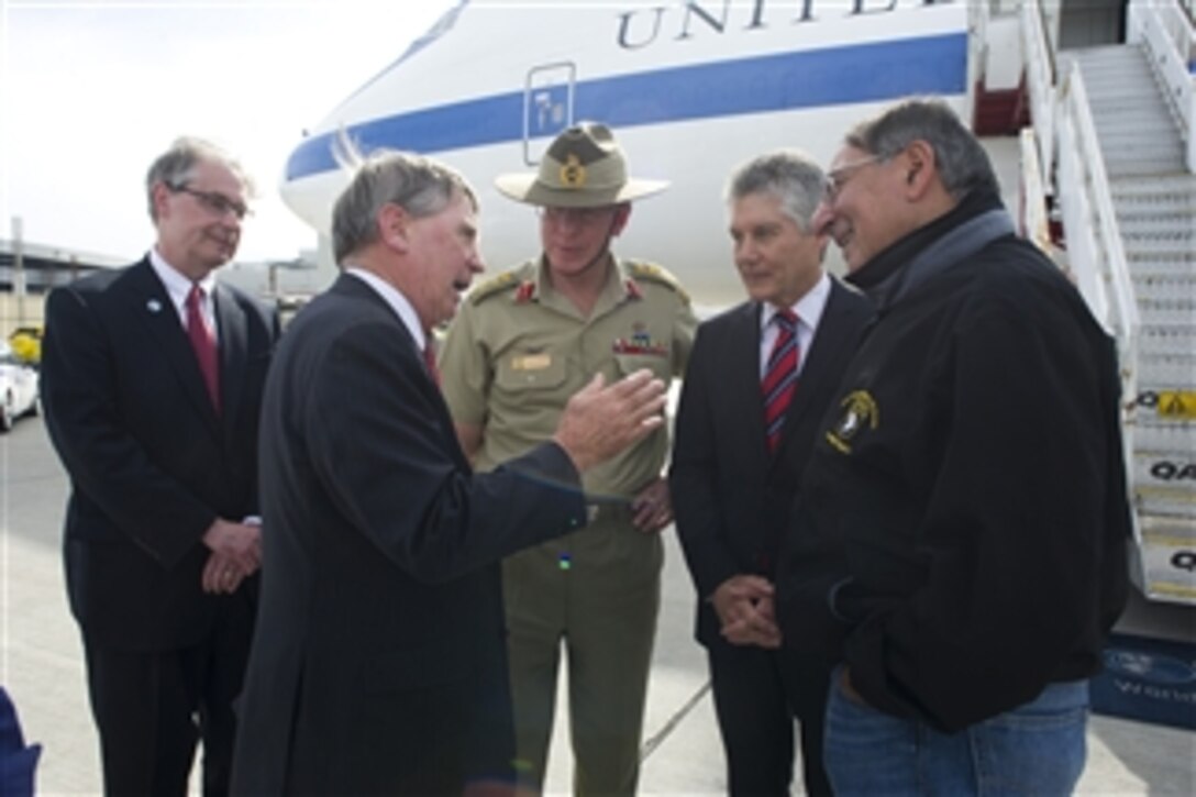 Australian diplomats greet Secretary of Defense Leon E. Panetta, right, as he arrives in Perth, Australia, on Nov. 13, 2012.  Australian Minister of Defense Stephen Smith, second from right, and Chief of the Defence Force Gen. David Hurley, third from right, were on hand to meet Panetta on his a six-day trip to Australia and Asia.  