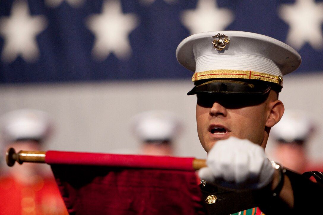 Capt. Christopher J. Biello, the ceremony's adjutant, reads Gen. John A. Lejuene's Birthday Message during the Semper Fidelis Society of Boston's 237th Marine Corps Birthday celebration at the Boston Convention and Exhibition Center Nov.9. 