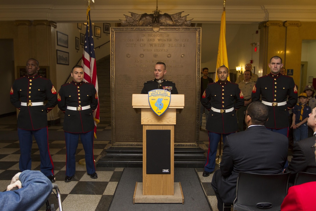 Col. J. J. Dill, 1st Marine Corps District’s commanding officer, speaks during the City of White Plains Veterans Day Ceremony at the White Plains City Hall Nov. 11. Dill was the guest speaker at the ceremony, which was organized to recognize the sacrifices of the men and women who have served in the armed forces.