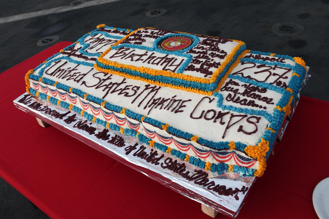 A Marine Corps birthday cake is proudly displayed on the flight deck of the USS New York during a ceremony in honor of the Marine Corpsâ€™ 237th birthday,, Nov. 10, 2012. This was the first of perhaps many more Marine Corps birthday celebrations aboard the New York, built with seven-and-a-half tons of steel from the World Trade Center, as she sails on her maiden deployment. The 24th MEU is deployed with the Iwo Jima Amphibious Ready Group and is currently in the 6th Fleet Area of Responsibility as a disaster relief and crisis response force. Since deploying in March, they have supported a variety of missions in the U.S. Central and European Commands, assisted the Navy in safeguarding sea lanes, and conducted various bilateral and unilateral training events in several countries in the Middle East and Africa. The 24th MEU is scheduled to return to their home bases in North Carolina later this year. (U.S. Marine Corps photo by Staff Sgt. Robert Fisher III/Released)