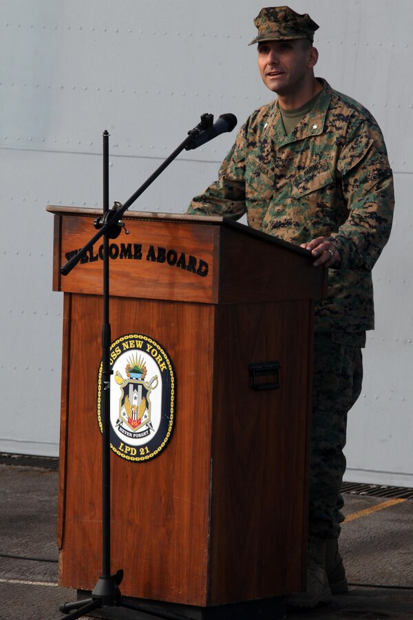 Lt. Col. David B. Sosa, commander of troops aboard the USS New York and commanding officer of Battalion Landing Team 1st Battalion, 2nd Marine Regiment, 24th Marine Expeditionary Unit, talks to the Marines and Sailors during a cake-cutting ceremony on the shipâ€™s flight deck to celebrate the Marine Corpsâ€™ 237th birthday, Nov. 10, 2012. This was the first of perhaps many more Marine Corps birthday celebrations aboard the New York, built with seven-and-a-half tons of steel from the World Trade Center, as she sails on her maiden deployment. The 24th MEU is deployed with the Iwo Jima Amphibious Ready Group and is currently in the 6th Fleet Area of Responsibility as a disaster relief and crisis response force. Since deploying in March, they have supported a variety of missions in the U.S. Central and European Commands, assisted the Navy in safeguarding sea lanes, and conducted various bilateral and unilateral training events in several countries in the Middle East and Africa. The 24th MEU is scheduled to return to their home bases in North Carolina later this year. (U.S. Marine Corps photo by Staff Sgt. Robert Fisher III/Released)