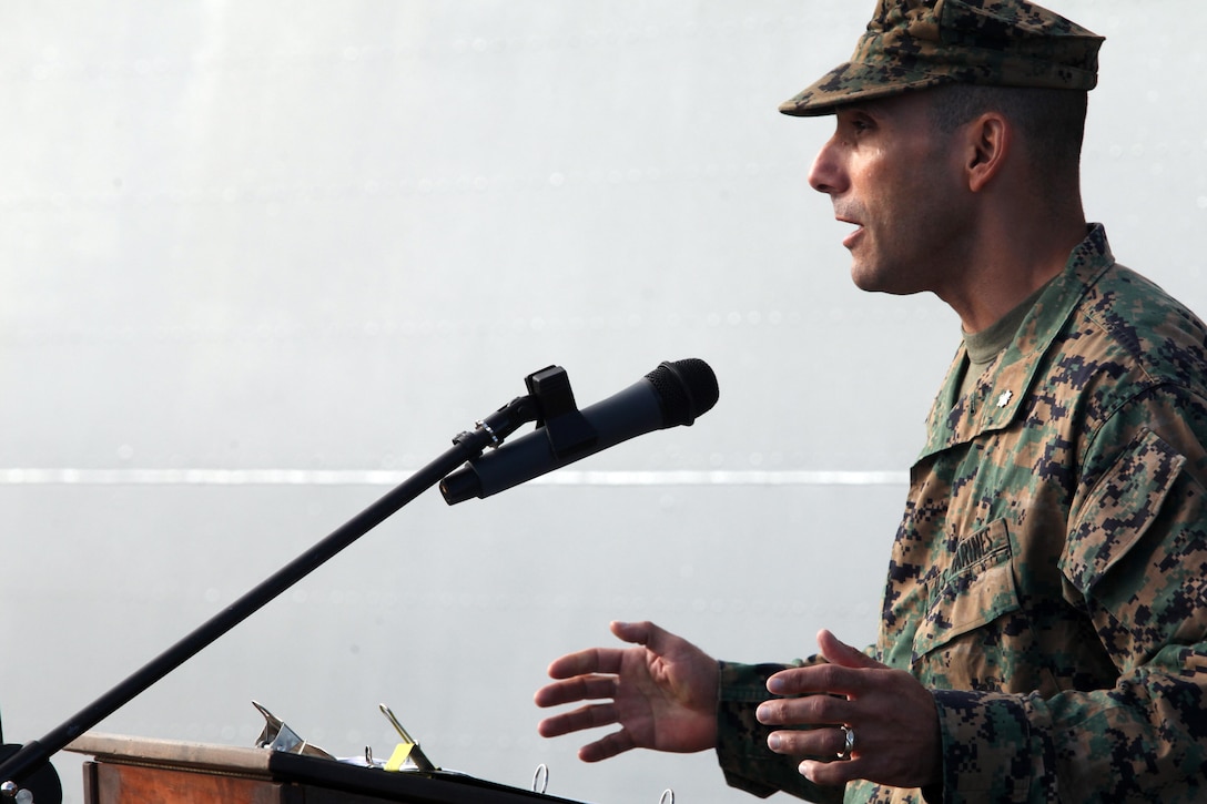 Lt. Col. David B. Sosa, commander of troops aboard the USS New York and commanding officer of Battalion Landing Team 1st Battalion, 2nd Marine Regiment, 24th Marine Expeditionary Unit, talks to the Marines and Sailors during a cake-cutting ceremony on the shipâ€™s flight deck to celebrate the Marine Corpsâ€™ 237th birthday, Nov. 10, 2012. This was the first of perhaps many more Marine Corps birthday celebrations aboard the New York, built with seven-and-a-half tons of steel from the World Trade Center, as she sails on her maiden deployment. The 24th MEU is deployed with the Iwo Jima Amphibious Ready Group and is currently in the 6th Fleet Area of Responsibility as a disaster relief and crisis response force. Since deploying in March, they have supported a variety of missions in the U.S. Central and European Commands, assisted the Navy in safeguarding sea lanes, and conducted various bilateral and unilateral training events in several countries in the Middle East and Africa. The 24th MEU is scheduled to return to their home bases in North Carolina later this year. (U.S. Marine Corps photo by Staff Sgt. Robert Fisher III/Released)