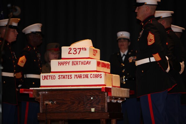 The cake escorts stand by and await the cutting of the cake during the Cherry Point 237th Marine Corps Ball Ceremony at the station theater Nov. 8.