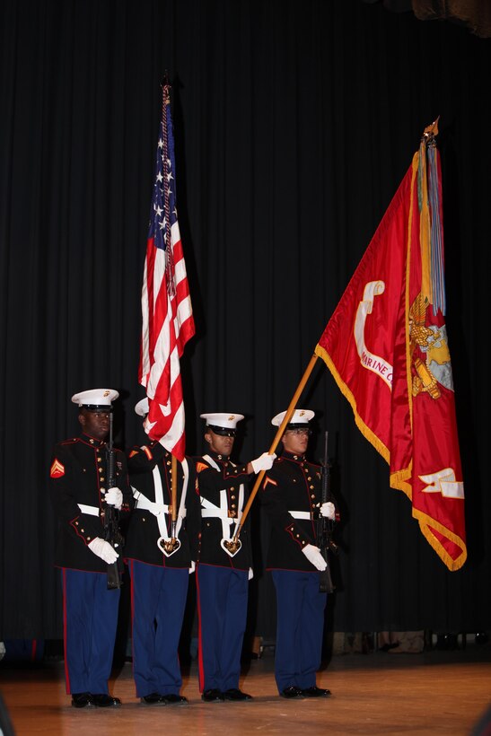 The Headquarters and Headquarters Squadron color guard performs the opening ceremony for the Cherry Point 237th Marine Corps Ball Ceremony at the station theater Nov. 8.