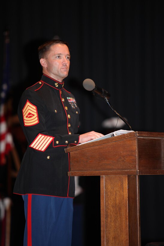 Master Sgt. Mark E. Bradley reads the opening remarks for the Cherry Point 237th Marine Corps Ball Ceremony at the station theater Nov. 8.