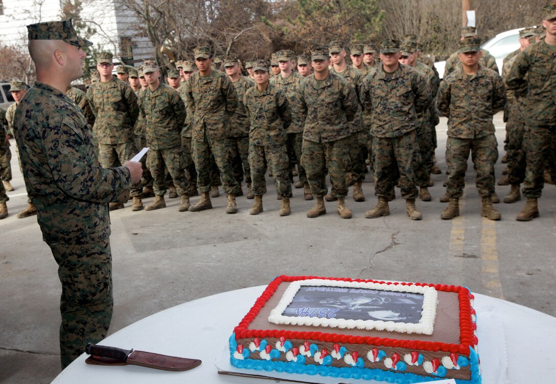 Maj. Craig Clarkson, the detachment commander of 8th Engineer Support Battalion Marines supporting Hurricane Sandy relief efforts, speaks to his Marines at a celebration of the Marine Corps' 237th Birthday at Breezy Point, a small coastal community of New York City, Nov. 10. The Marines briefly paused work Nov. 10 to join with members of the community celebrate the Marine Corps' 237th Birthday. The Marines of the 8th Engineer Support Battalion, 2nd Marine Logistics Group, II Marine Expeditionary Force are working in New York with the Federal Emergency Management Agency, the U.S. Army Corps of Engineers and the National Guard in order to clear debris from walkways and public spaces in order to help the residents of New York City return to normalcy as soon as possible.