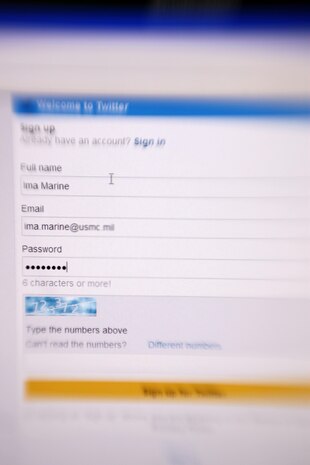 Per Marine Administrative Message 590/12 no one is allowed to use their official Marine Corps email account to register for social networking sites or internet-based capabilities. For more details about this message and other social media related tips visit http://www.marines.mil/News/SocialMedia.aspx.