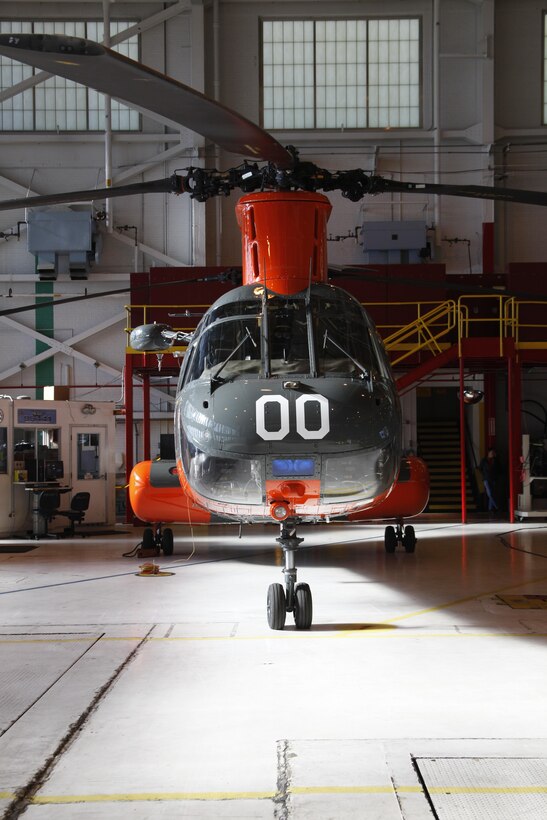 Fleet Readiness Center East recently completed the last H-46 model helicopter refurbishment it will perform for the Department of Defense and released it for operations during a ceremony at Cherry Point on Nov. 9, 2012. The hangar formerly dedicated to servicing the helicopters will be used for MV-22B Ospreys, the replacement for the Sea Knight.