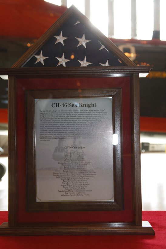 A shadow box commemorating the many years of service of the CH-46 Sea Knight, the Marine Corps’ primary medium lift helicopter for nearly 50 years. The last H-46 model helicopter repaired at Fleet Readiness Center East was released for operations during a ceremony on Cherry Points Nov. 9, 2012