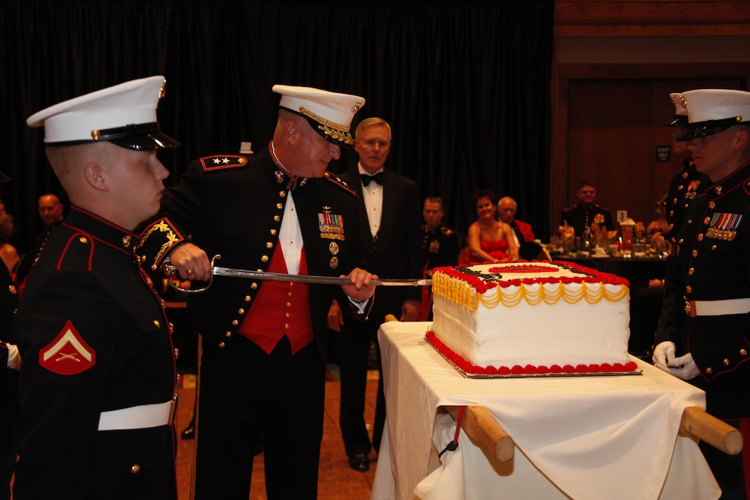 Maj. Gen. Glenn M. Walters, commanding general of the 2nd Marine Aircraft Wing, cuts the cake during the wing’s birthday ball in New Bern, N.C., Nov. 7. The wing celebrated 237 years of Marine heritage since the Corps' founding on Nov. 10, 1775.