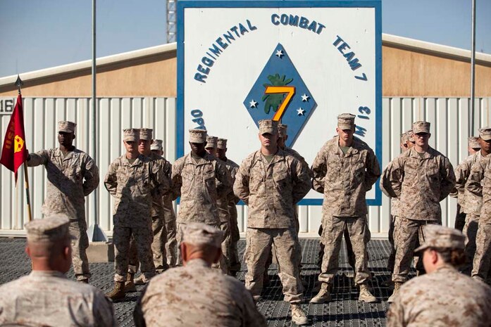 U.S. Marines with Headquarters Company, Regimental Combat Team 7, stand in formation during a cake cutting ceremony on Camp Leatherneck, Helmand province, Afghanistan, Nov. 10, 2012. The ceremony was conducted in celebration of the Marine Corps 237th birthday. (U.S. Marine Corps photo by Cpl. Alejandro Pena/Released)