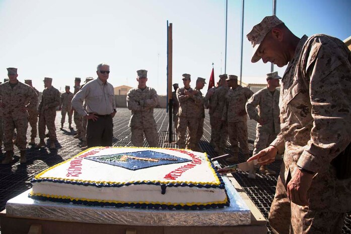 U.S. Marine Corps Sgt. Maj. Scott A. Samuels, Sergeant Major, Regimental Combat Team 7, cuts the birthday cake during a cake cutting ceremony on Camp Leatherneck, Helmand province, Afghanistan, Nov. 10, 2012. The Marines of Headquarters Company, Regimental Combat Team 7, conducted this ceremony to celebrate the Marine Corps 237th birthday. (U.S. Marine Corps photo by Cpl. Alejandro Pena/Released)